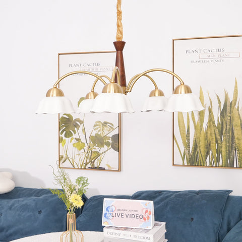 Chandelier with Scalloped Ceramic Shades and Walnut Details