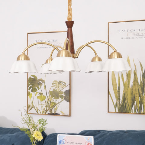 Chandelier with Scalloped Ceramic Shades and Walnut Details