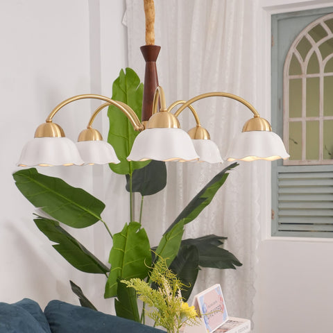 Chandelier with Scalloped Ceramic Shades and Walnut Details