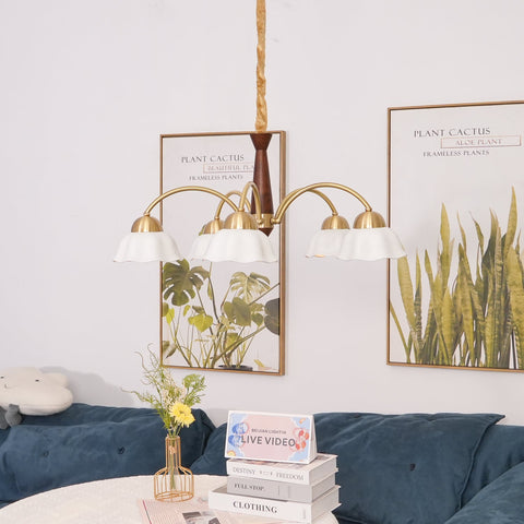 Chandelier with Scalloped Ceramic Shades and Walnut Details