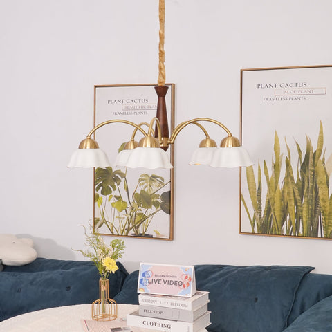 Chandelier with Scalloped Ceramic Shades and Walnut Details