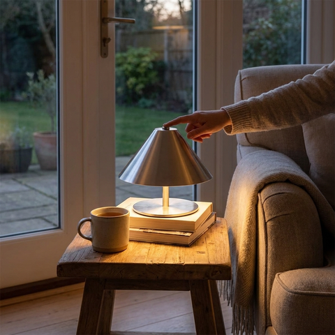 Rechargeable Metal Table Lamp with Touch Dimming and Cone Shade — product view
