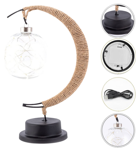 Crescent Rope-Wrapped Table Lamp with Clear Globe Shade and Battery-Powered LED Lighting