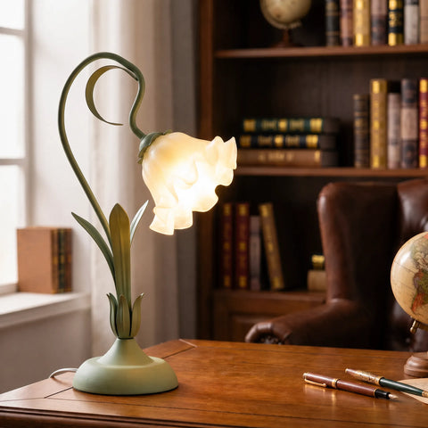 Table Lamp with Ruffled Flower Shade and Curved Metal Stem