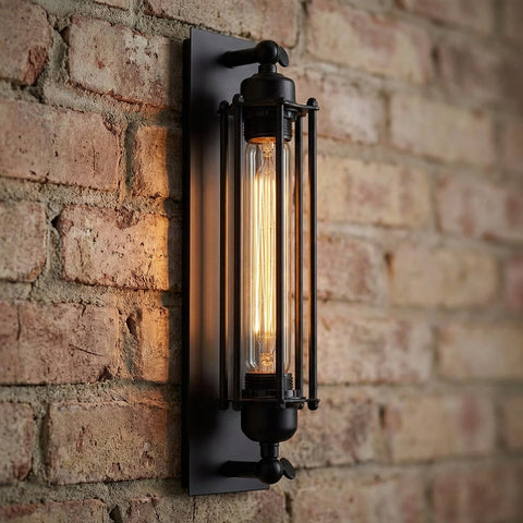 Industrial Metal Wall Sconce with Protective Cage and Vintage-Inspired Design