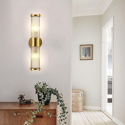 Gold Finish Glass Wall Sconce with E14 Bulb Socket and Slim Vertical Design