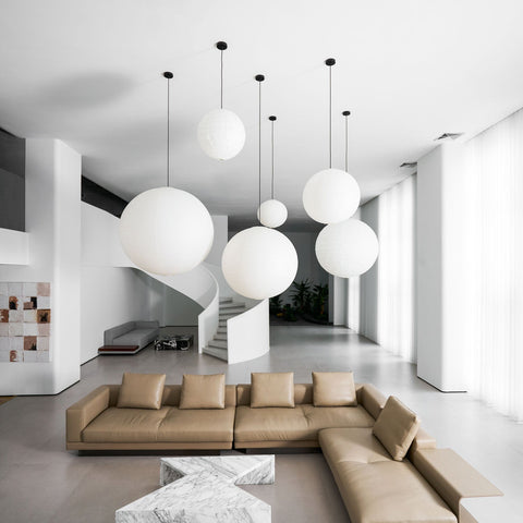 Pendant Light with Round Paper Lantern Shade and Bamboo Frame