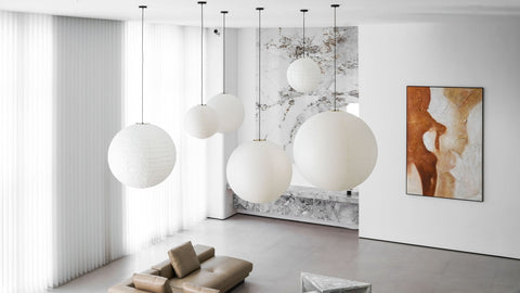 Pendant Light with Round Paper Lantern Shade and Bamboo Frame
