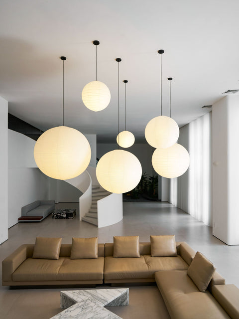 Pendant Light with Round Paper Lantern Shade and Bamboo Frame