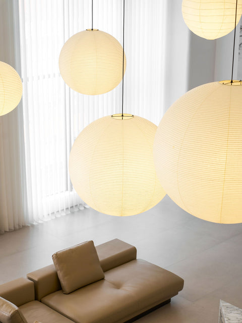 Pendant Light with Round Paper Lantern Shade and Bamboo Frame
