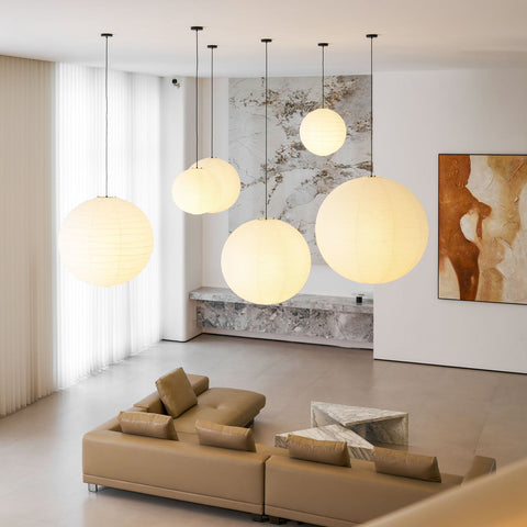 Pendant Light with Round Paper Lantern Shade and Bamboo Frame