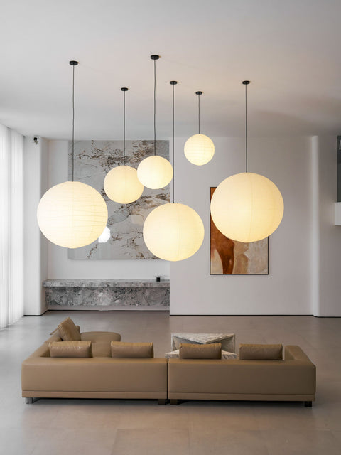 Pendant Light with Round Paper Lantern Shade and Bamboo Frame