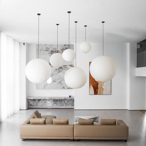 Pendant Light with Round Paper Lantern Shade and Bamboo Frame