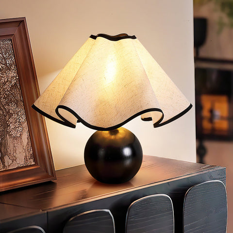 Table Lamp with Scalloped Linen Shade and Rounded Wooden Base