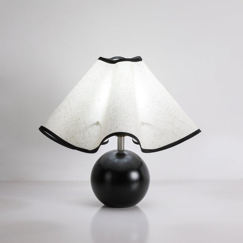 Table Lamp with Scalloped Linen Shade and Rounded Wooden Base