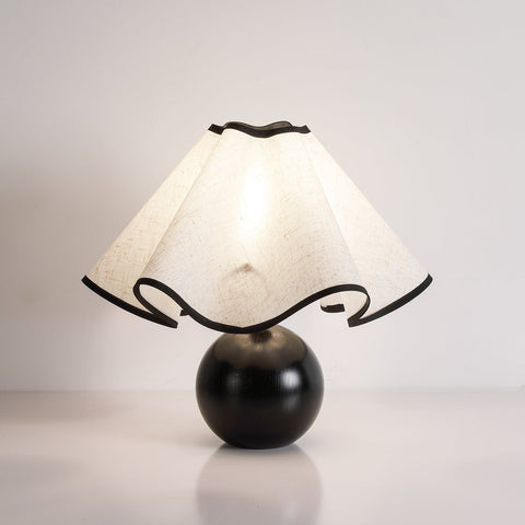 Table Lamp with Scalloped Linen Shade and Rounded Wooden Base