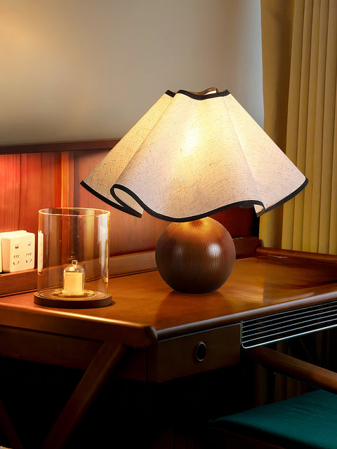 Table Lamp with Scalloped Linen Shade and Rounded Wooden Base