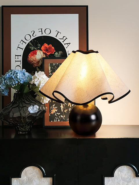 Table Lamp with Scalloped Linen Shade and Rounded Wooden Base