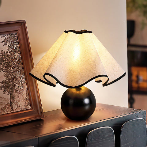 Table Lamp with Scalloped Linen Shade and Rounded Wooden Base