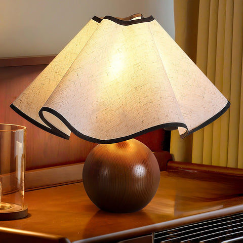 Table Lamp with Scalloped Linen Shade and Rounded Wooden Base