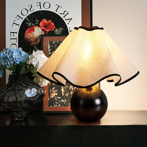 Table Lamp with Scalloped Linen Shade and Rounded Wooden Base