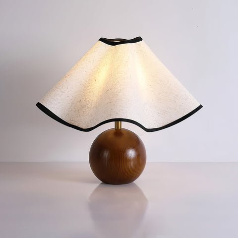 Table Lamp with Scalloped Linen Shade and Rounded Wooden Base