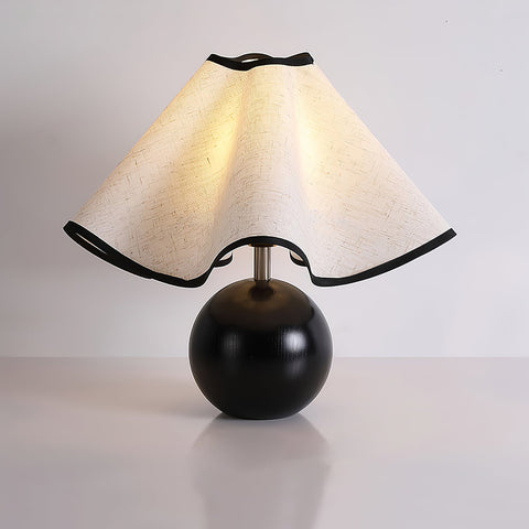 Table Lamp with Scalloped Linen Shade and Rounded Wooden Base
