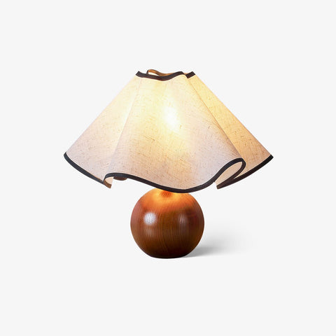 Table Lamp with Scalloped Linen Shade and Rounded Wooden Base