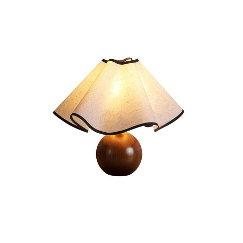 Table Lamp with Scalloped Linen Shade and Rounded Wooden Base