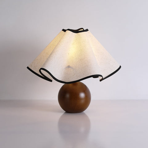 Table Lamp with Scalloped Linen Shade and Rounded Wooden Base