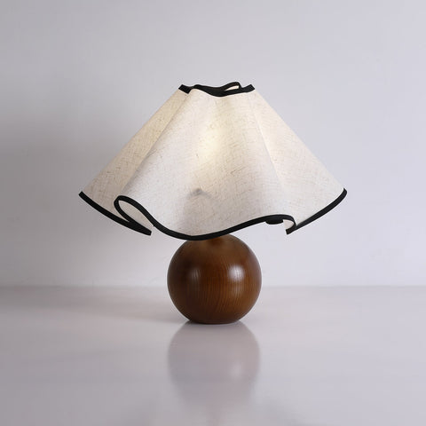 Table Lamp with Scalloped Linen Shade and Rounded Wooden Base