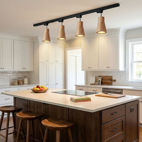 Track Light with Adjustable Wooden Spotlights and Steel Rail