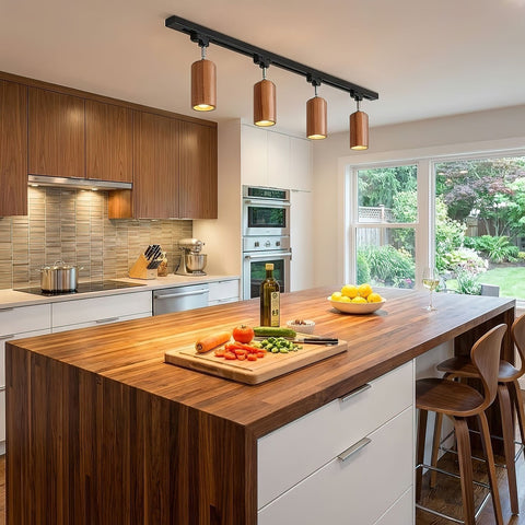 Track Light with Adjustable Wooden Spotlights and Steel Rail