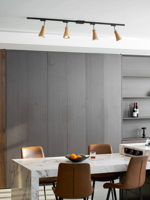 Track Light with Adjustable Wooden Spotlights and Steel Rail