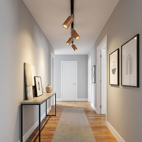 Track Light with Adjustable Wooden Spotlights and Steel Rail