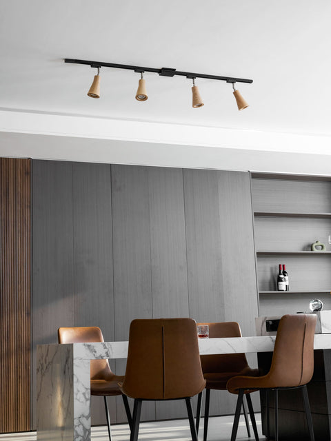 Track Light with Adjustable Wooden Spotlights and Steel Rail