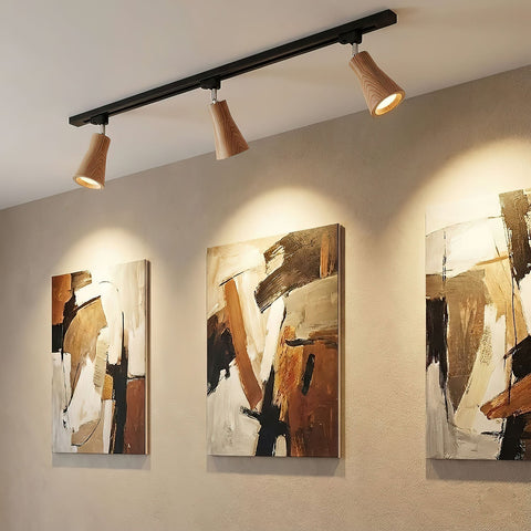 Track Light with Adjustable Wooden Spotlights and Steel Rail