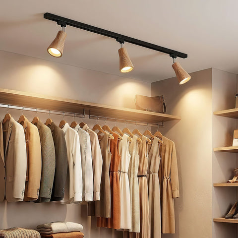Track Light with Adjustable Wooden Spotlights and Steel Rail