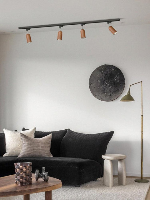 Track Light with Adjustable Wooden Spotlights and Steel Rail