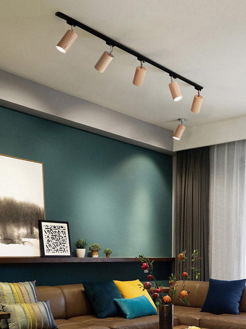 Track Light with Adjustable Wooden Spotlights and Steel Rail