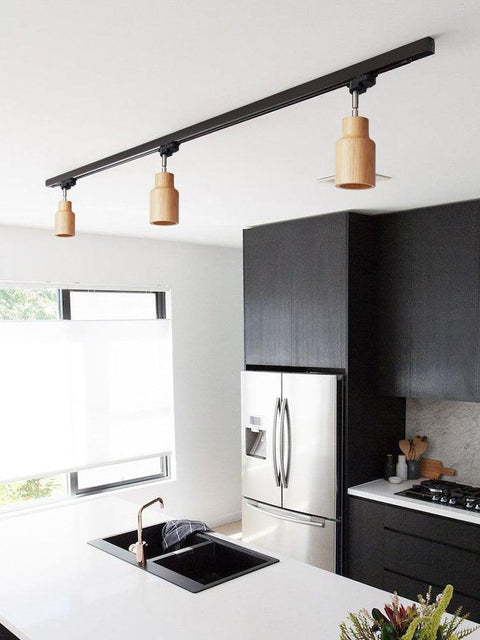 Track Light with Adjustable Wooden Spotlights and Steel Rail