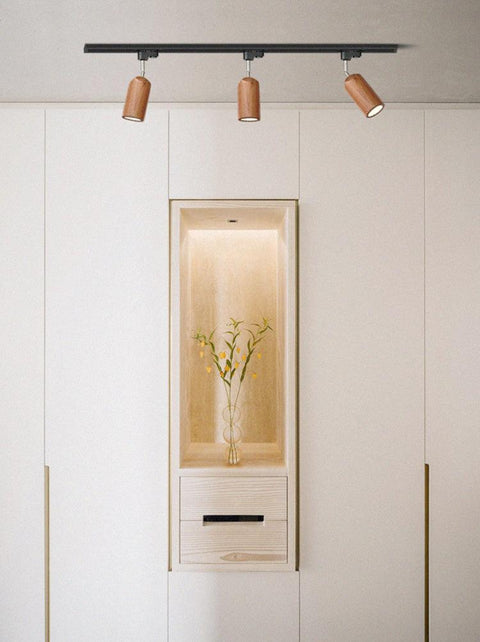 Track Light with Adjustable Wooden Spotlights and Steel Rail