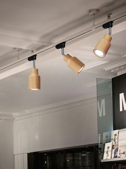 Track Light with Adjustable Wooden Spotlights and Steel Rail