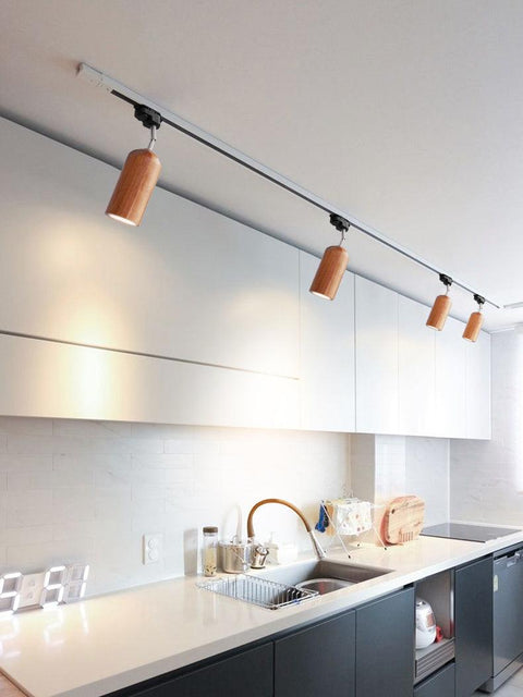 Track Light with Adjustable Wooden Spotlights and Steel Rail