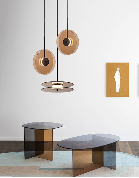 LED Pendant Light with Layered Glass Discs and Warm Ambient Lighting