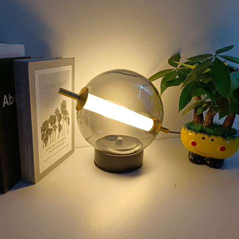 Spherical Glass Table Lamp with Integrated Light Bar and Modern Metal Base