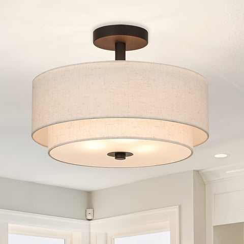 Modern Linen Drum Semi-Flush Mount Ceiling Light