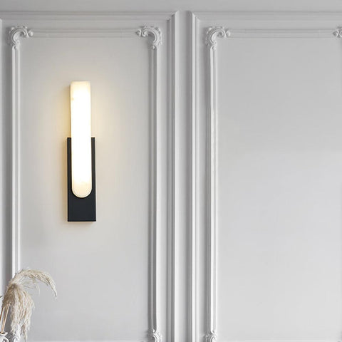 Modern Alabaster LED Wall Lamp with Gold Metal Frame, Minimalist Hardwired Sconce for Bedroom and Hallway