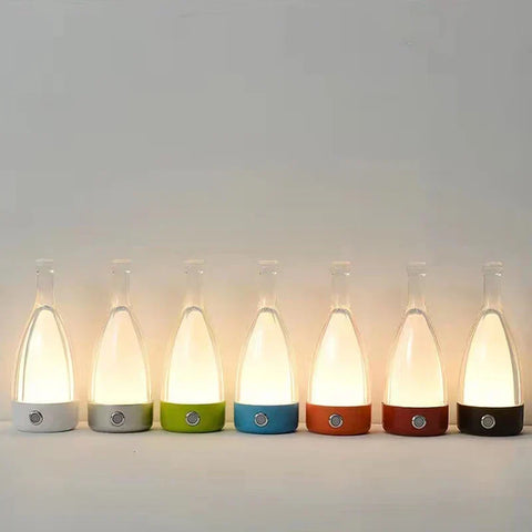 Bottle-Shaped Rechargeable LED Table Lamp with Transparent Glass-Style Shade and Colorful Base