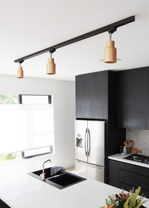 Track Light with Adjustable Wooden Spotlights and Steel Rail